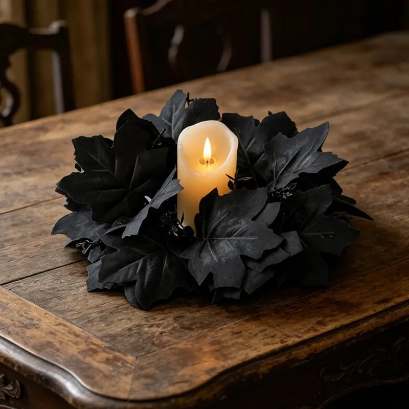 3pcs Gothic Halloween Maple Candle Ring Wreaths, Artificial Dark Floral Garland, Table Centerpiece Decor, Sturdy Easy Clean Ornaments