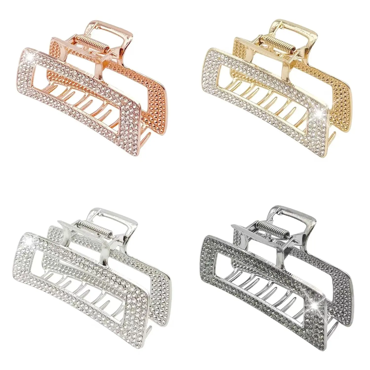 3.5 Inch Square Metal Large Claw Clips, 4 Pack Rhinestones Hair Clamps for Women and Thinner,Thick hair styling, Hold jaw clips