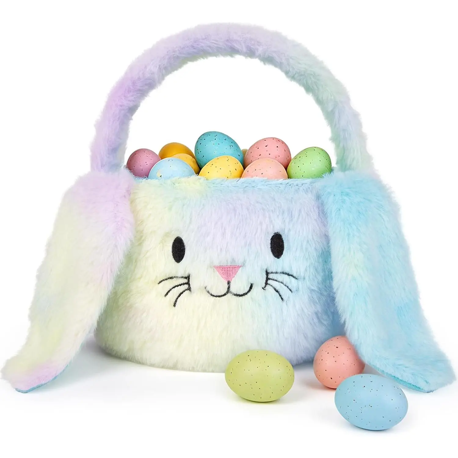 Foldable Plush Easter Basket with Bunny Ears for , Easter Egg Hunt Bucket with Handle, Cute Storage Bin for Candy, Toys & Gifts (Rainbow)