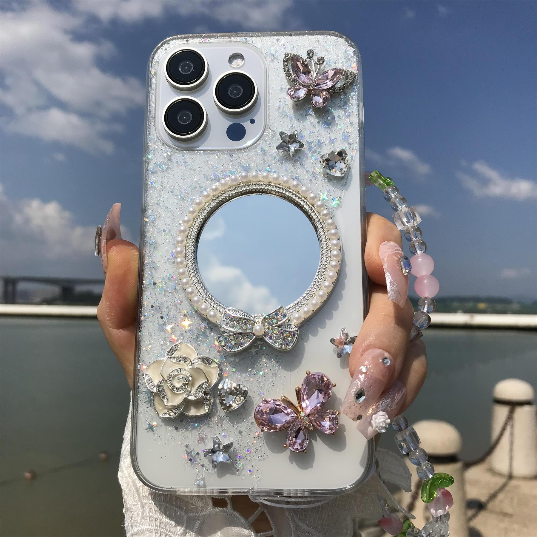 Rhinestone Decor Phone Case, Mirror Flower Butterfly Decor Phone Protective Cover with Lanyard, Phone Accessories Compatible with iPhone 16 15 14 13 12, Decorative Smartphone Protector