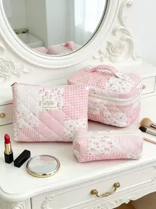 1pc / 3pcs Pink Floral Gingham Patchwork Quilted Makeup Bag, Large Capacity Portable Cosmetic Storage Pouch with Handle, Cute Travel Wash Bag for Girls Women