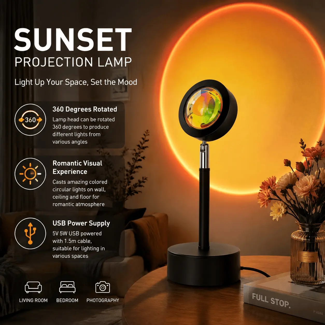 Rotating Rainbow Sunset Projection Lamp, Rechargeable & Remote, RGB Color Changing, Light Sensor, Soft Ambient Light for Bedroom, Living Room, Nursery, Party, Romantic Gift Idea