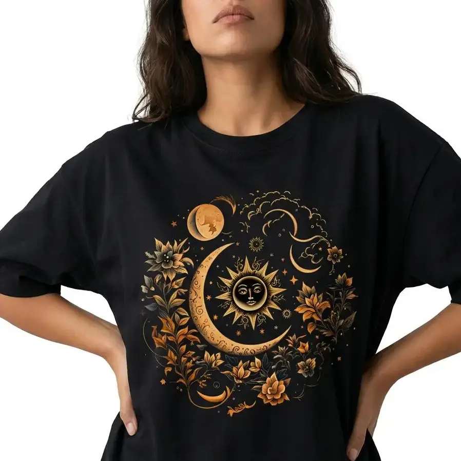 Boho Celestial Sun And Moon Shirt Women Vintage Floral Graphic Tee Mystical Top