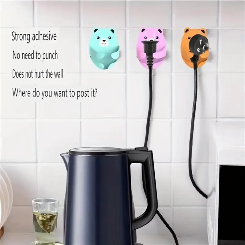 Multi Functional Hooks, 4 Counts/set Cartoon Hug Bear Non Drilling Adhesive Hook, Plug Hook, Power Socket Holder, Kitchen Bear Plug Storage Hook Wall