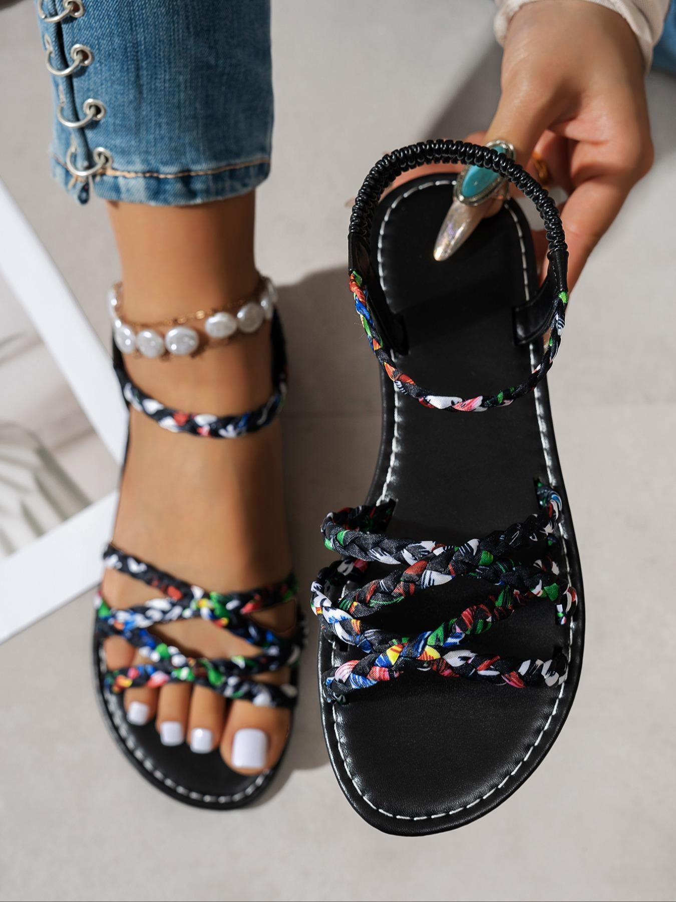 Women's Fashionable Colorful Flower Pattern Braided Sole Sandals, Casual Comfortable Toe Thong Sandals for Summer, Female All-match Round Toe Sandals for Daily Wear, Girl, Casual Flat Sandals