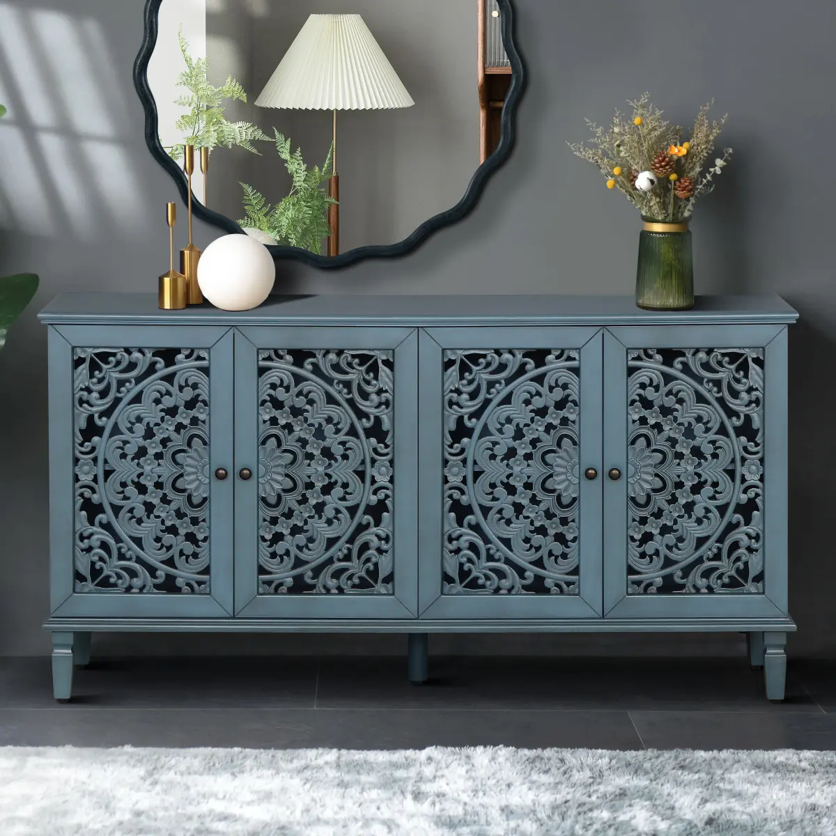 60" Antique Buffet Cabinet Sideboard with Floral Carvings with Solid Wood Legs&Antique Brass Handles&Adjustable Shelves, TV Stand for 65''+ TV, Sideboard for Living Room,Dining Room (Antique Blue)