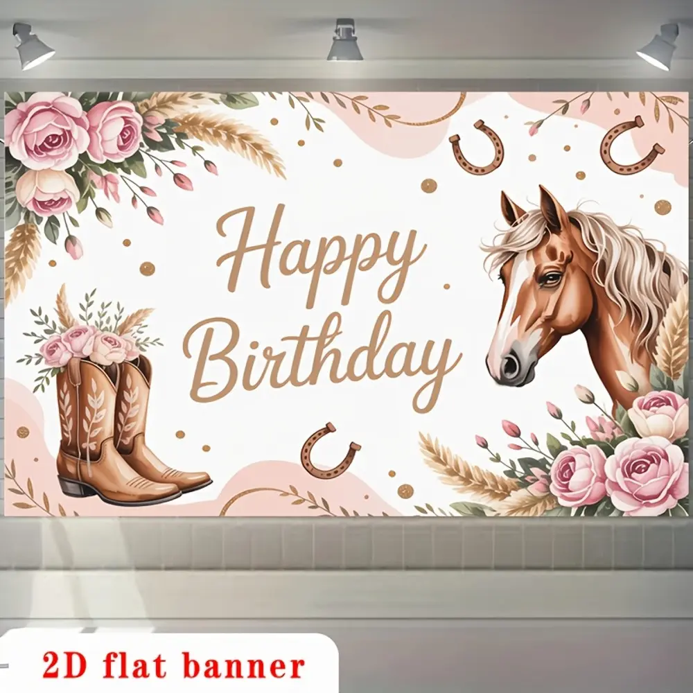 2D Flat Western Cowboy Horse Themed Happy Birthday Photography Backdrop, HD Digitally Printed Polyester Cloth, Soft Lightweight Foldable for Birthday Celebrations, Photo Booth Displays