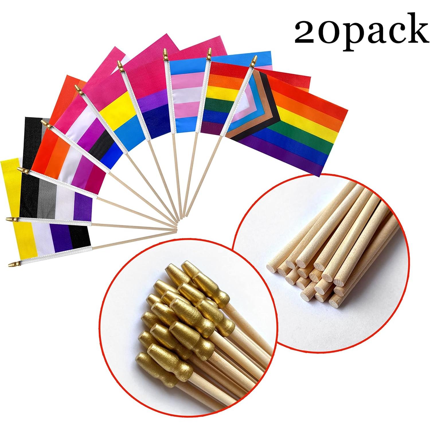Progress Rainbow Gay Pride Flags Set on  Stick Small Mini Hand Held LGBTQ Inlcusive Flags,5x8 Inch,20 Pack