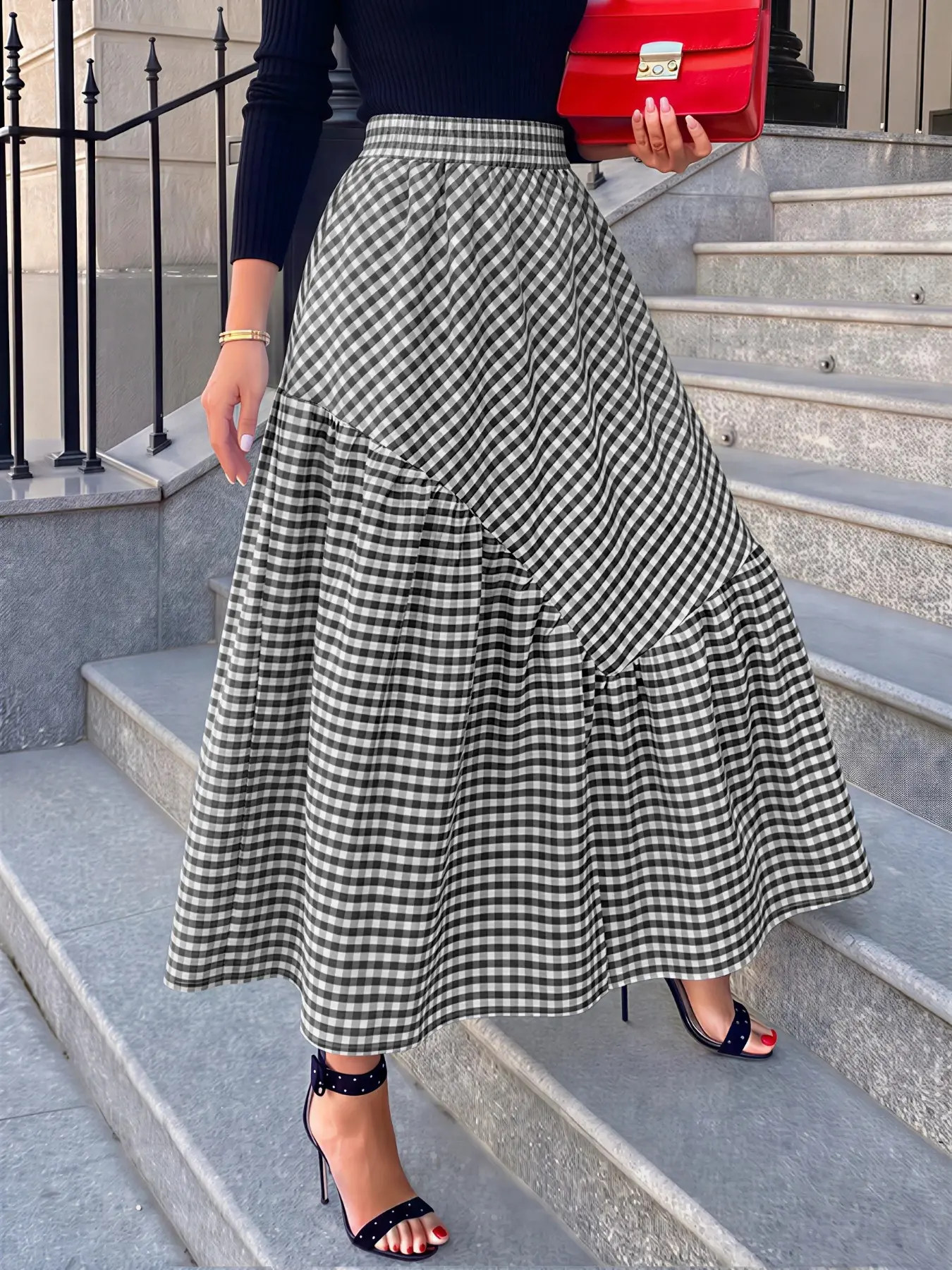 ZANZEA Women's Casual Loose-Fitting Plaid Patchwork Print Asymmetrical Hem Long Skirt - Elastic Waist, No Pockets, All Seasons Womenswear Bottom, Fashionable Comfortable Daily Wear Skirt, Casual Comfy Skirt