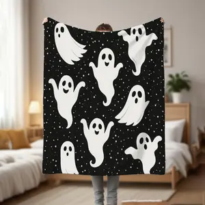 Ultra-Soft Flannel Throw Blanket- Lightweight Warm Blanket With White Ghosts On Black Background, Machine Washable All-Season Couch, Bed, Dorm, Office Blanket- Halloween Decor Or Year-Round Cozy Gift Soft Flannel Fabric For Home