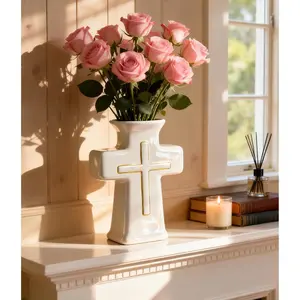 White Ceramic Cross Vase - Elegant Gold Trim Floral Centerpiece, Religious Christian Gifts for Women, Baptism Decorations, First Communion, Wedding, Sympathy & Home Decor