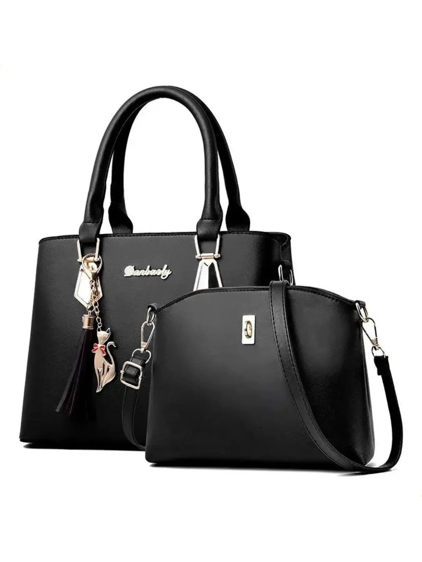2pcs Women Handbag Set, Elegant PU Leather Satchel Bag, Mini Crossbody Purse, Cat Tassel Pendant, Multi-Compartment, Convertible Shoulder Bag