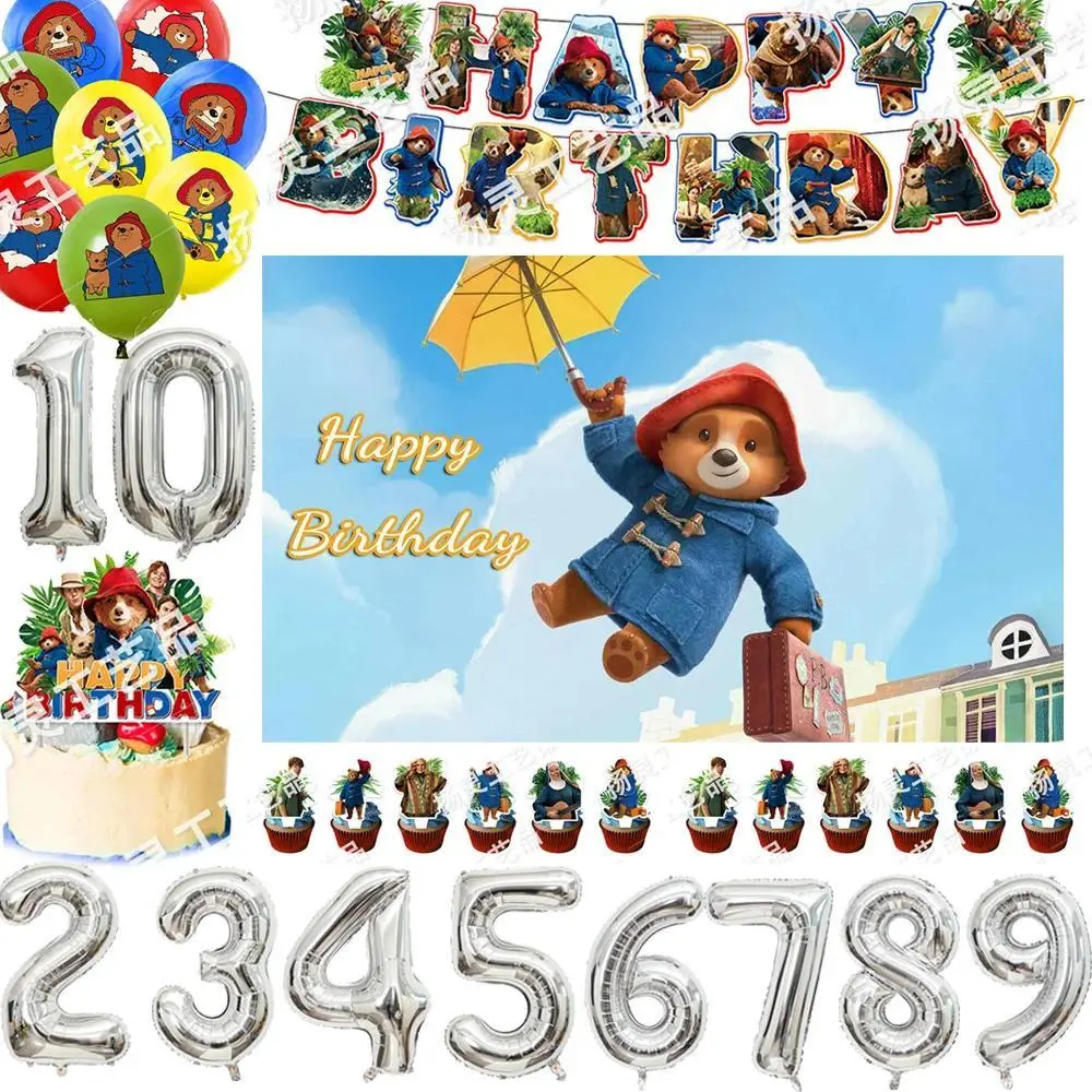 Paddington Bear 3 Unisex Birthday Theme Party Supplies Kit - Number Balloons Set, Cake Topper, Game Background Banner, Stress Relief Classic Novelty Toy for Kids