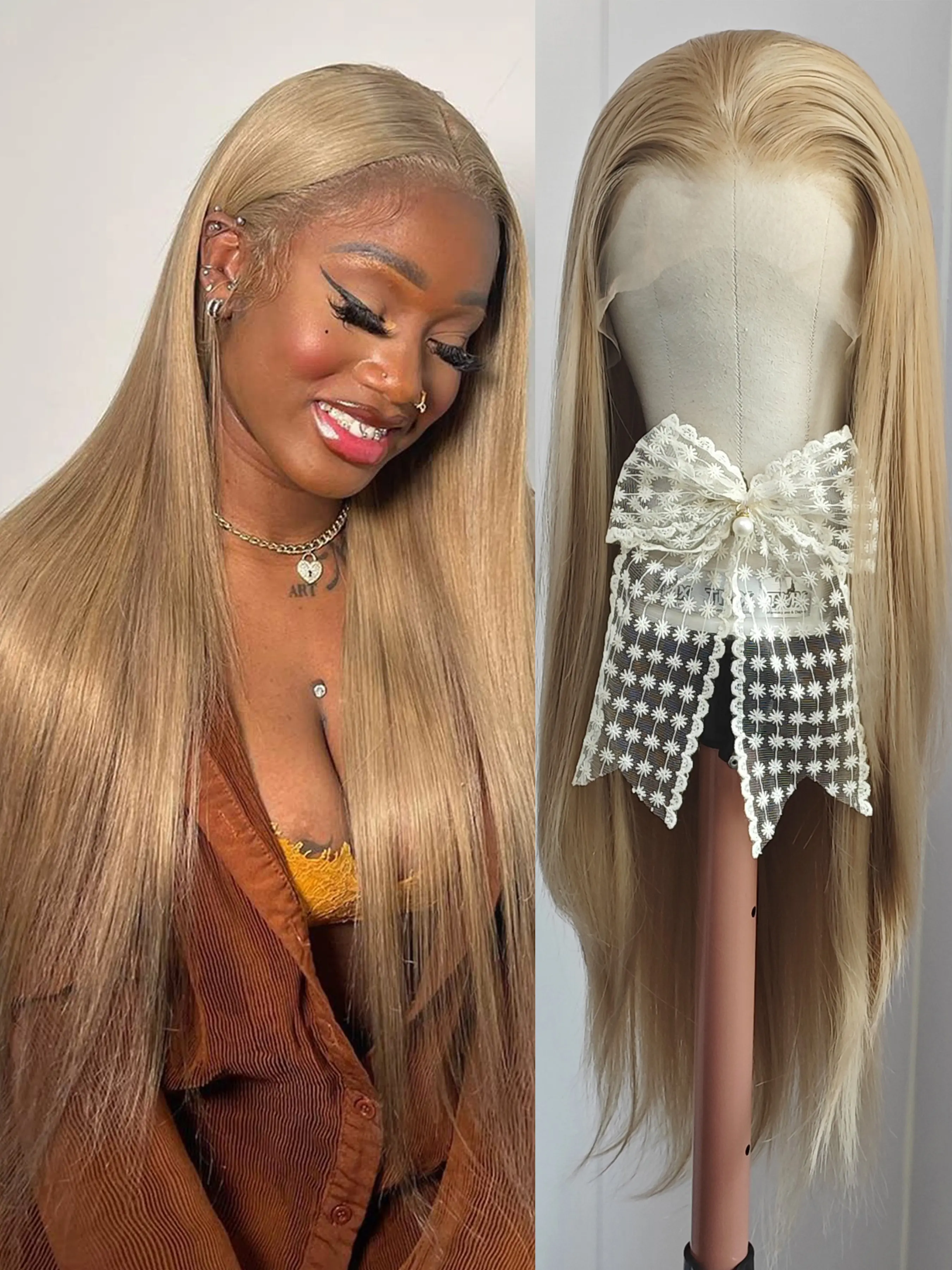Light Gold Hair Long Straight Synthetic Wig Women Daily Party Use Pre-Pluckede Hairline Heat Resistant Lace Front Wigs 26Inches 13×4 Front Lace Ash Blonde Hair