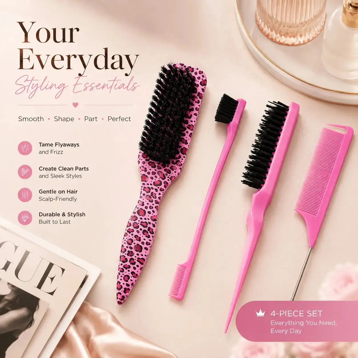 4pcs Professional Hair Styling Tools Set, Detangling Bristle Brush, Rat Tail Comb, Edge Brush, Salon & Daily Use, Flyaway Smoothing, Tangle Free Hair