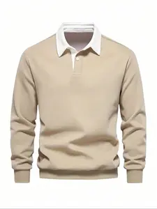 Men's Solid Color Button Front Polo Collar French Sweatshirt, Regular Fit Casual Long Sleeve Pullover for Fall & Winter, Men's Clothes for Daily Wear, Menswear, Garment, Casual Fitted Sweatshirt