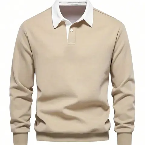 Men's Solid Color Button Front Polo Collar French Sweatshirt, Regular Fit Casual Long Sleeve Pullover for Fall & Winter, Men's Clothes for Daily Wear, Menswear, Garment, Casual Fitted Sweatshirt