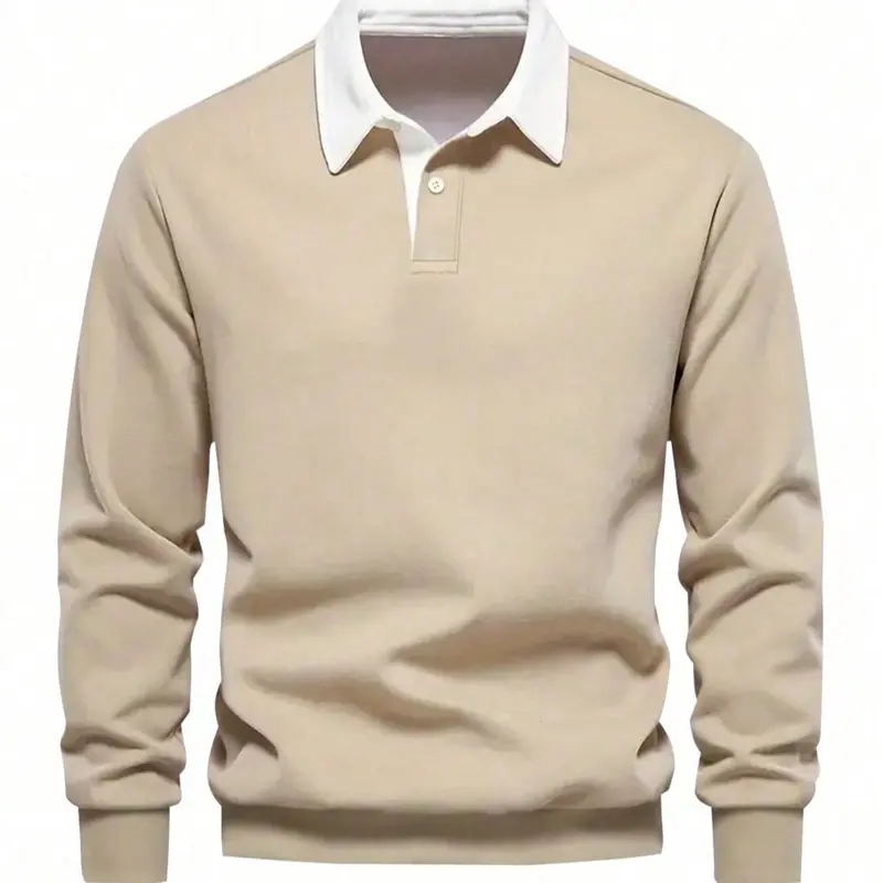 Men's Solid Color Button Front Polo Collar French Sweatshirt, Regular Fit Casual Long Sleeve Pullover for Fall & Winter, Men's Clothes for Daily Wear, Menswear, Garment, Casual Fitted Sweatshirt