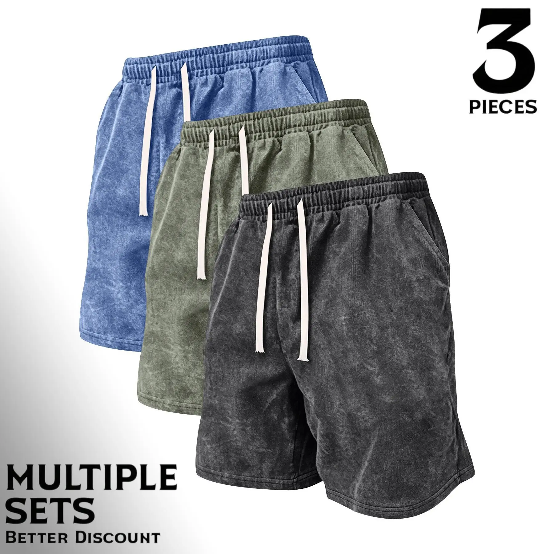 Men's Summer Solid-Color Washed Distressed Cotton Shorts, Available as a Single Pair or 3-Pack, Relaxed-Fit Casual Athletic Shorts with Elastic Drawstring Waist and Pockets, Y2K Style, for Running, Golf, Fishing and Basketball