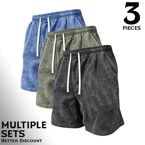 Men's Summer Solid-Color Washed Distressed Cotton Shorts, Available as a Single Pair or 3-Pack, Relaxed-Fit Casual Athletic Shorts with Elastic Drawstring Waist and Pockets, Y2K Style, for Running, Golf, Fishing and Basketball