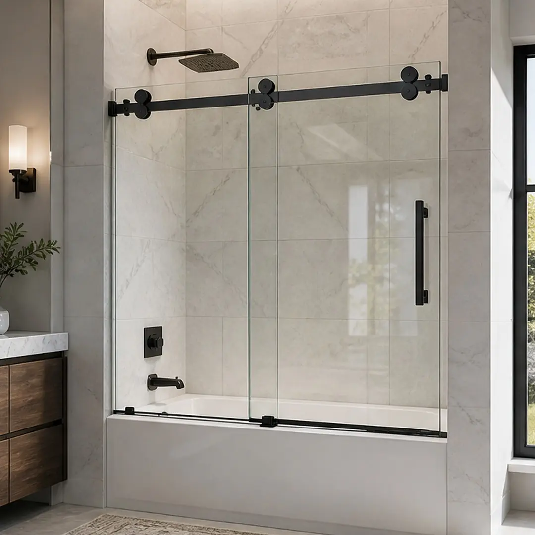 ARCH Frameless Double Sliding Tub Shower Door 56-60"W x 60"H, 5/16" Tempered Clear Glass, 304 Stainless Steel Matte Black Finish, Soft Close, Bathroom Shower Enclosure with Anti-Water Strips, Matte Black Color Options, Stainless Steel Material