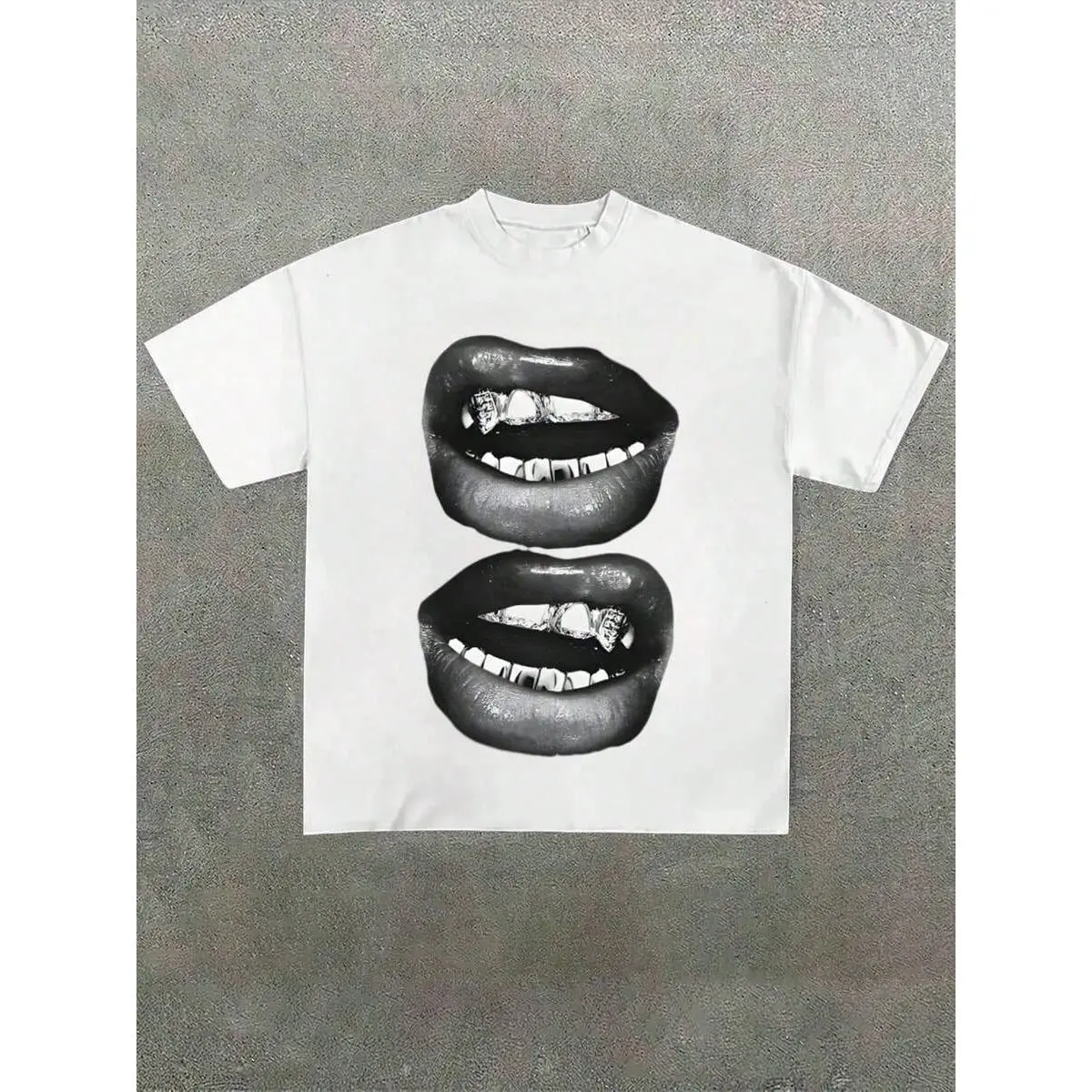 Menswear Short-Sleeve Polyester Fabric Loose Oversized Unisex T-Shirt - Diamond Grills Lips, Silver Teeth Mouth Graphic, White Monochrome, Hip Hop Urban Casual, Round Neck, Stretch, Graphic Shirts, Streetwear, Shortsleeve
