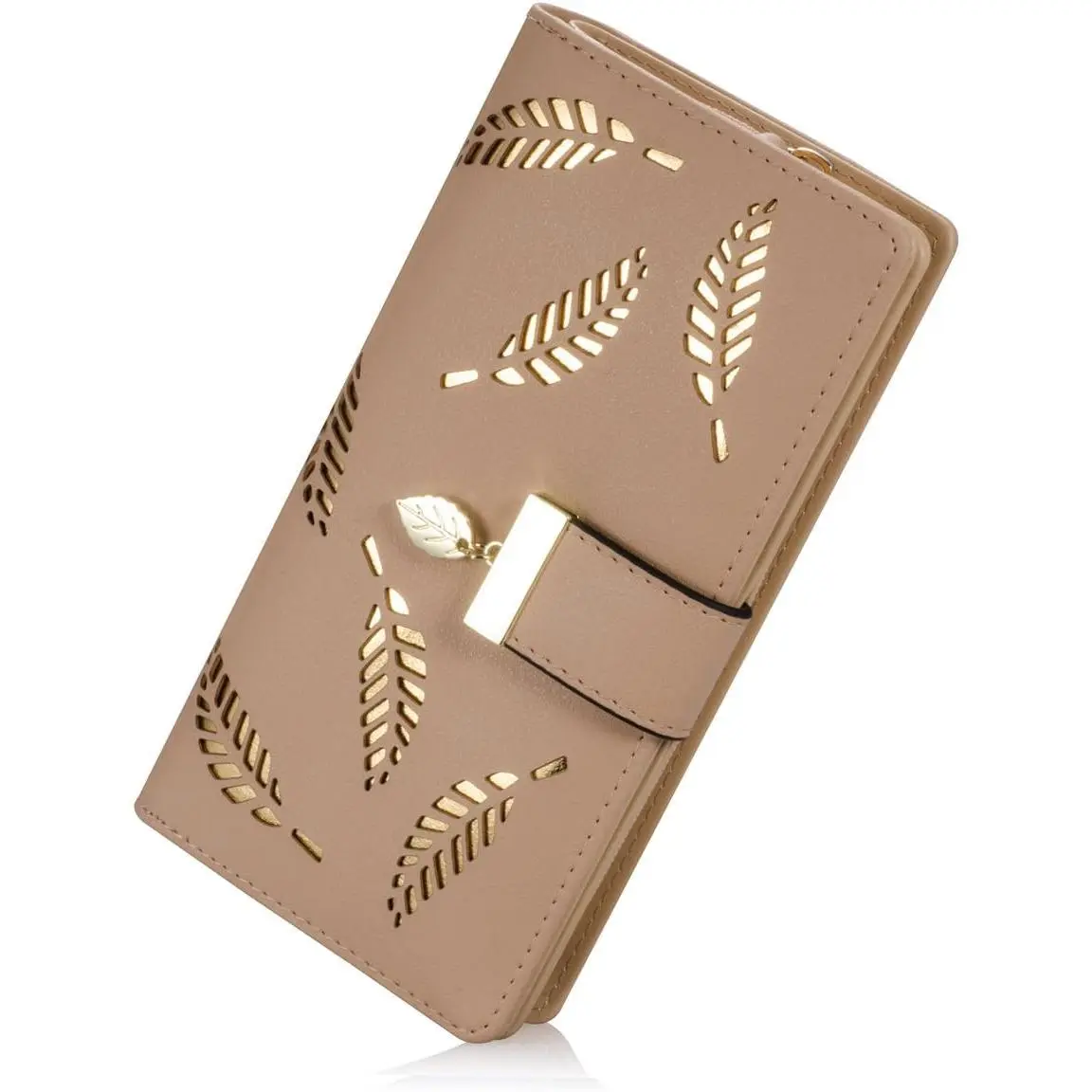Women's Long Leaf Bifold Wallet Leather Card Holder Purse Zipper Buckle Elegant Clutch Wallet Handbag for Women - Khaki