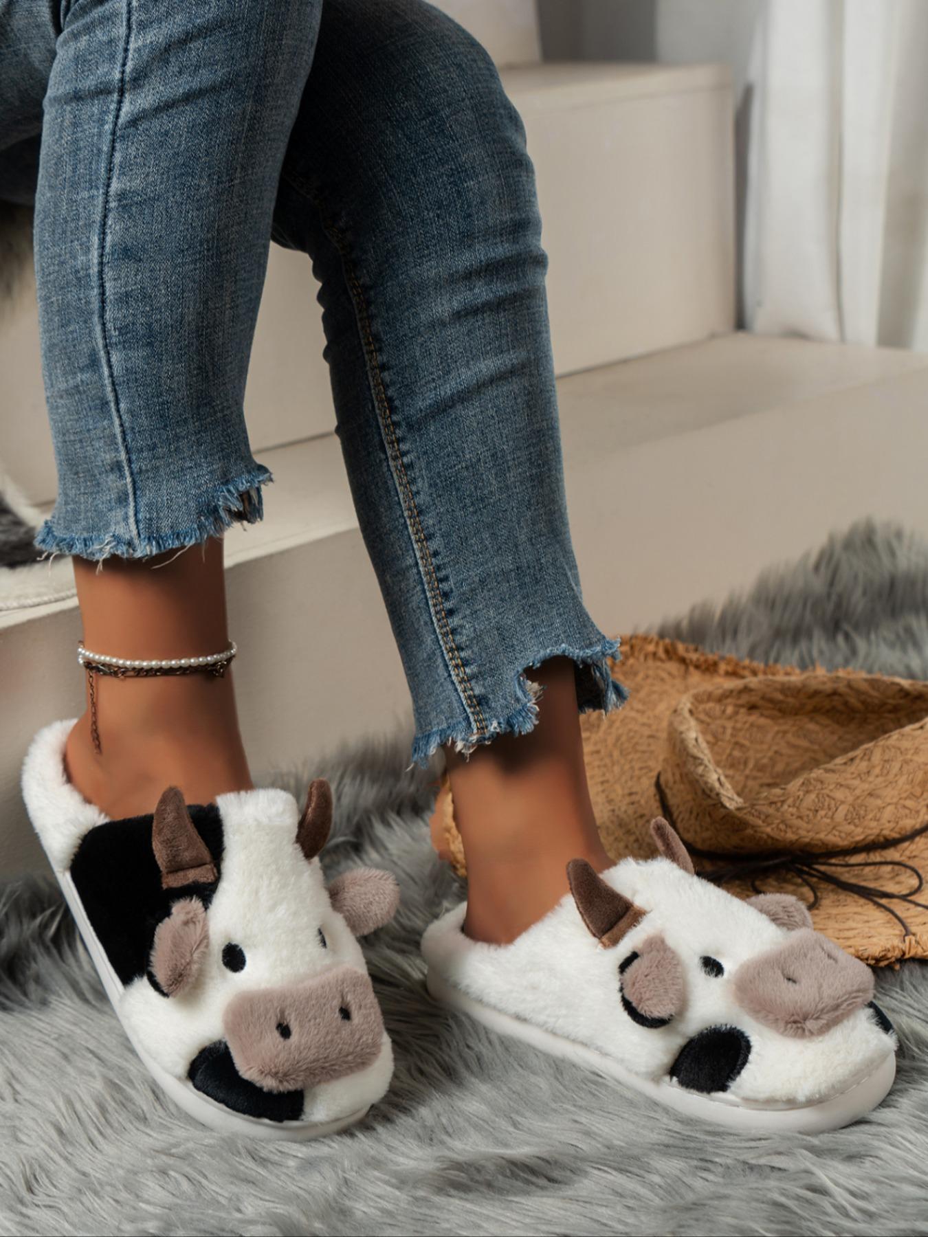 Women's New Fashion Trendy Cartoon Cow Head Indoor Outdoor Cotton Slippers, Fluffy Home Slippers, Winter Casual Warm Home Shoes, Anti-Slip Lightweight Unisex