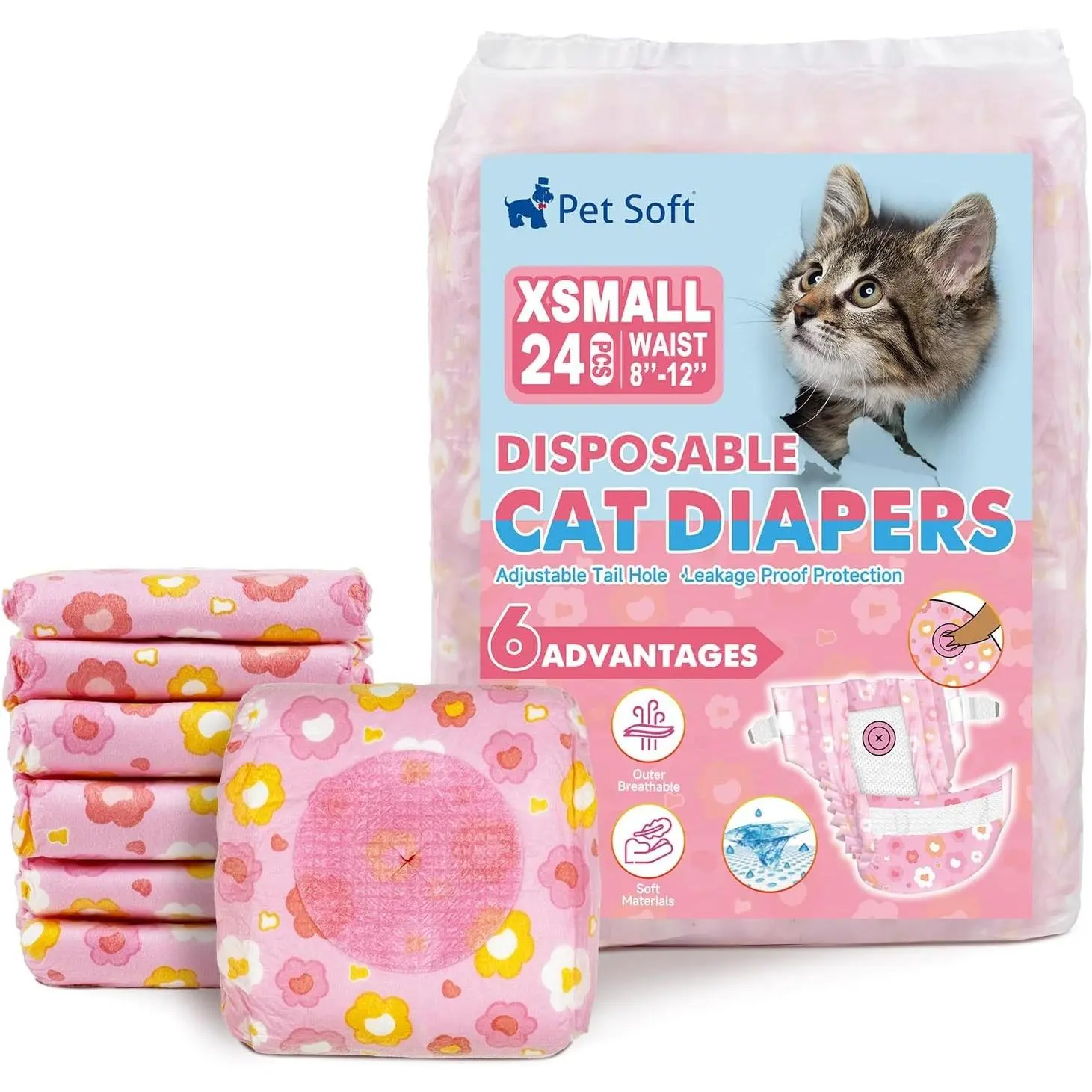 Disposable Cat Diapers for Female & Male Cats Puppy Doggie Diapers for Female Dogs with Adjustable Foam Tail Hole X-Small (24Pcs, PK Flowers)