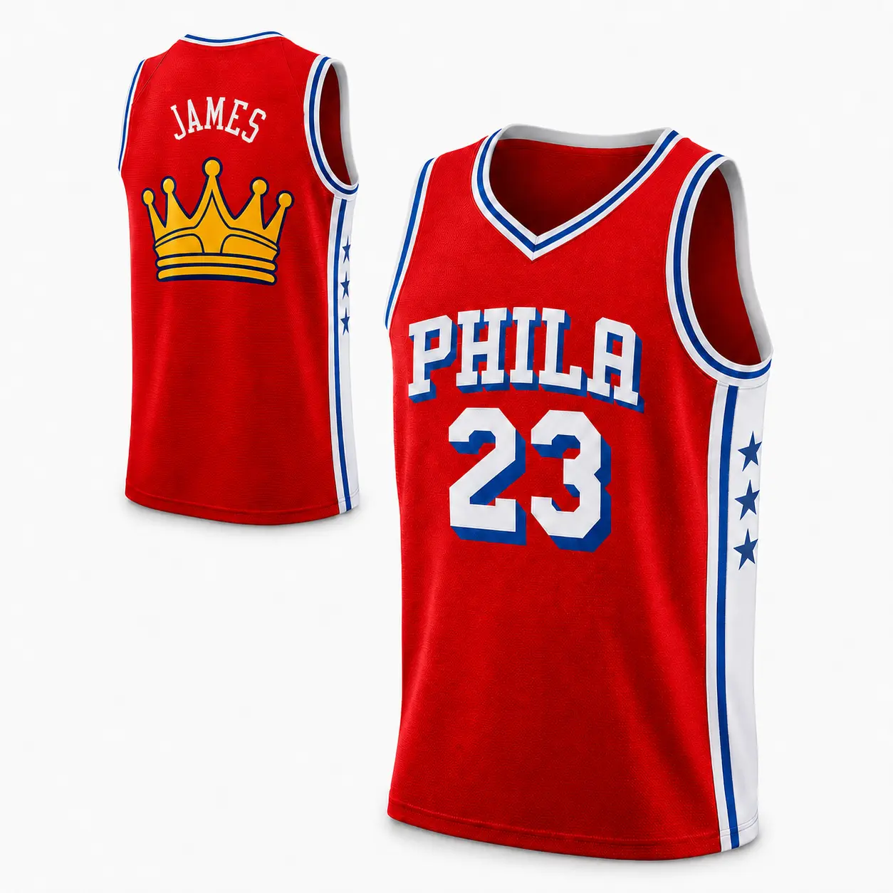 Unisex Basketball #23 James Philadelphia Team Swingman Jersey with Gold Crown Back Graphic - Icon Edition - Red