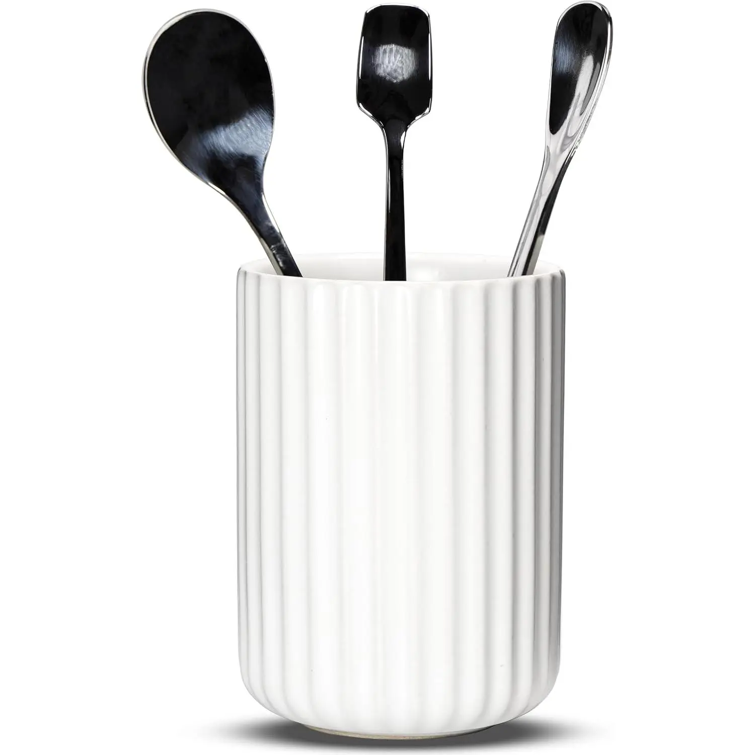 Ceramic Spoon Holder for Coffee Bar, Upright  Spoon Holder Cup, Coffee Stirrers Straws Stir Stick Holder, White Fluted Surface