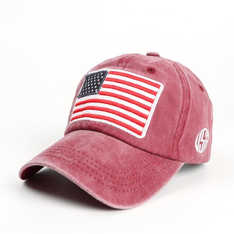 Baseball cap with American flag, pure cotton, letter embroidery, washed and distressed, curved brim, trendy new product
