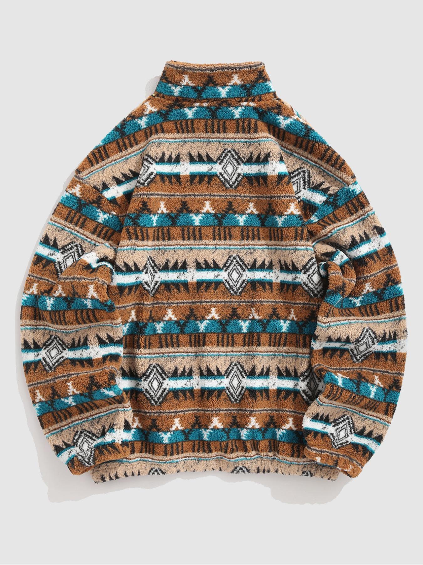 Men's Ethnic Pattern Zip Up Kangaroo Pocket Plush Sweatshirt, Menswear Casual Boho Style Drop Shoulder Long Sleeve Fuzzy Outerwear, Men's Fall & Winter Clothes