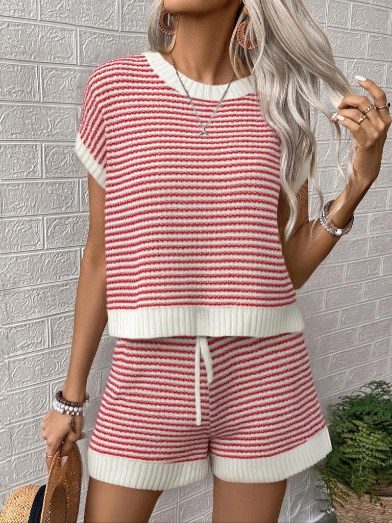 Women's Solid Ribbed Knit Sweater & Elastic Waist Shorts Two-Piece Set, Casual Fashion Cozy Knitwear Set for Daily Outdoor Wear, Ladies Clothes for Spring & Summer, Suits, Cute Summer Outfit, Striped Knit Sets