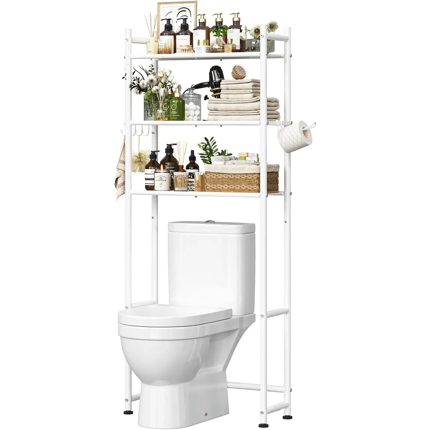 3-Tier Above-Toilet Storage Rack with Paper Holder and Hooks, Freestanding Metal Bathroom Organizer for Toiletries, Towels and Laundry Supplies, White