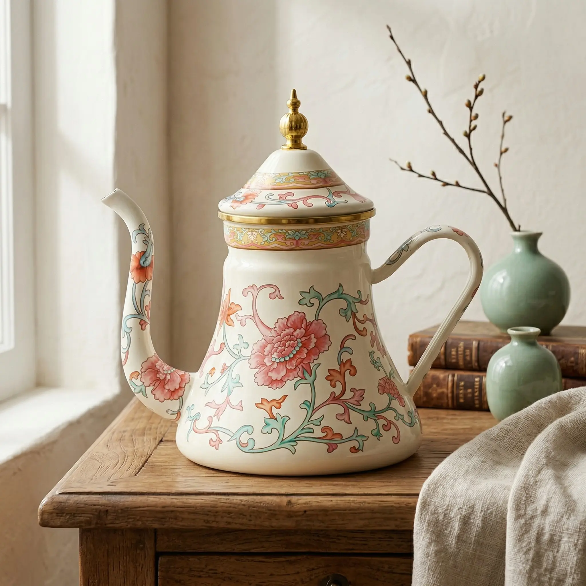 Vintage Floral Enamel Teapot, Flat Bottom Tea Kettle with Stainless Steel Filter, Lid, Iron Handle, Suitable for Various Stoves