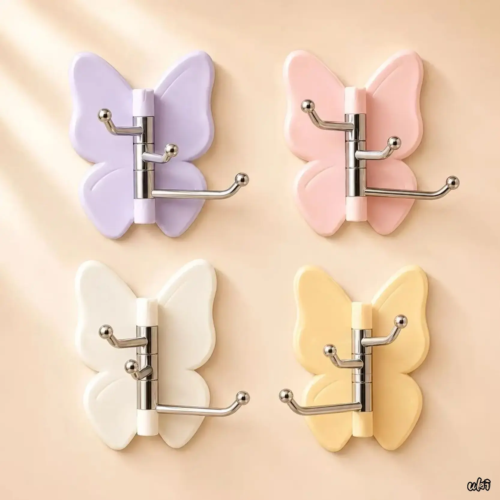 4-Pack Rotatable Butterfly Adhesive Wall Hooks - No-Drill Strong Stick-On Hangers, Easy Installation, Waterproof Lightweight Kitchen Accessory for Bags, Towels, Household Storage, Scarf, Tape, Smooth, Paint, Bath, Tool, Organiser, Student, Space Saver, St
