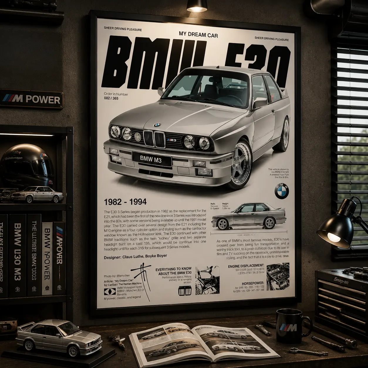 Vintage E30 M3 Classic Car Canvas Poster, Silver German Coupe Wall Art Print, Retro Motorsport Garage Office Man Cave Decor, Car Fan Boyfriend Gift