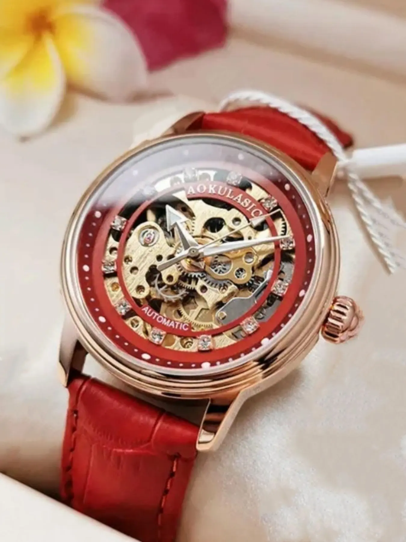 New Hollow Out Women's Automatic Mechanical Watch, Luxury Diamond-Embedded Waterproof Night Light, Leather Strap Elegant Ladies Watch
