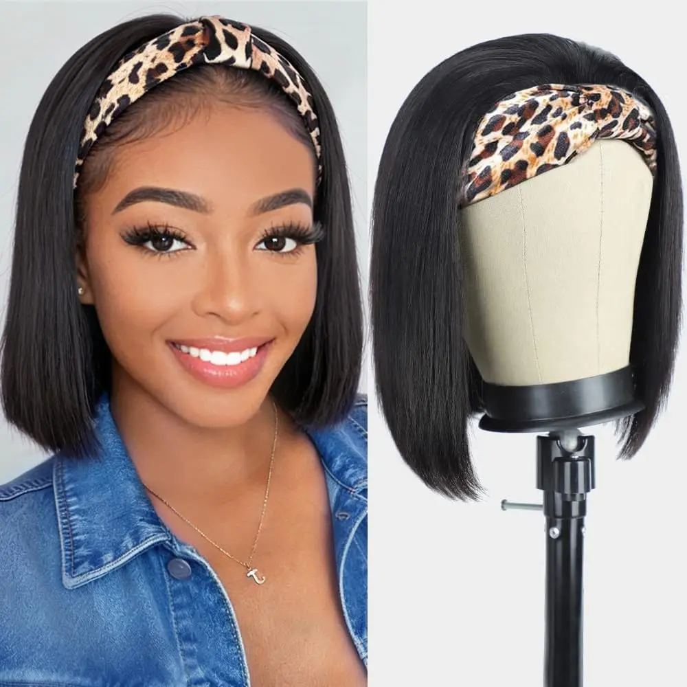 Headband Wig Human Hair with Leopard Headband No Lace Glueless Bob Wig 10In | Straight Bob Headband Wigs for Black Women Easy Put  and Go Glueless Wig 180%Density Machine Made No Lace Wig  Color
