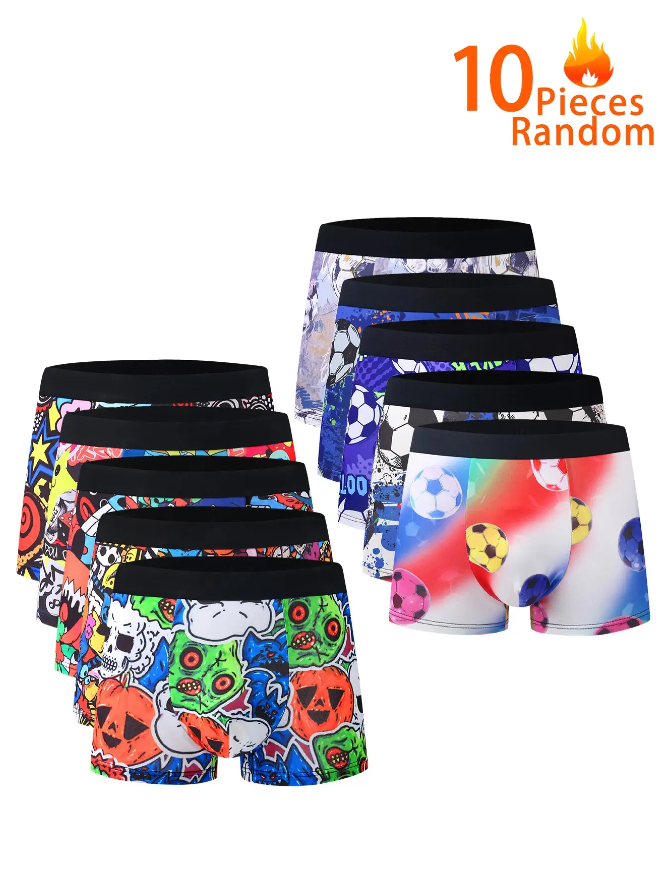 10 Pcs Random Print Men's Boxer Briefs, Halloween Pumpkin Monster Football Mix Trendy Youth Trunk Shorts, Casual Slim-Fitting Underwear
