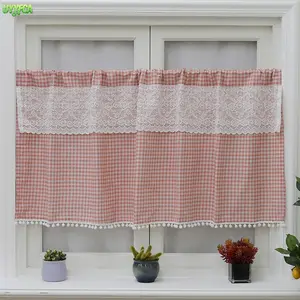 1PC Gingham Plaid Rod Pocket Cafe Curtain Tier, Double Layer Lace Top Pom Pom Trim Short Valance, Linen Textured Light Filtering Fabric, Ideal For Kitchen Oven Skirt, Bathroom, Dining Room And Cottagecore Farmhouse Home Decor,Summervibes