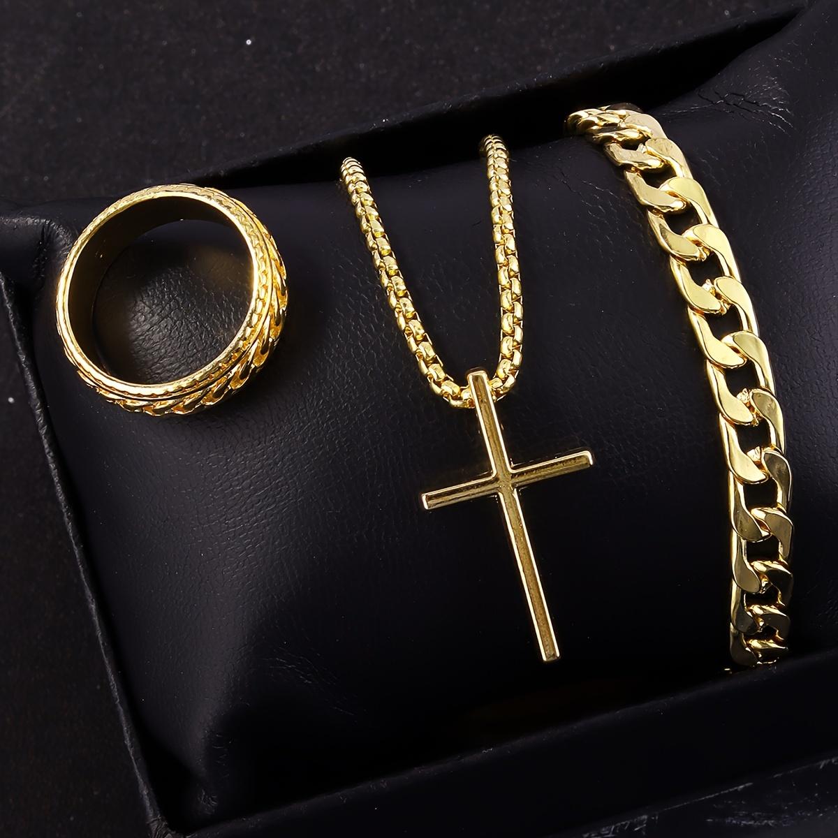 Men's Stainless Steel Cross Pendant Necklace Bracelet & Ring Set Elegant Fashionable Jewelry Gift for Holidays Durable Cohesive Ensemble