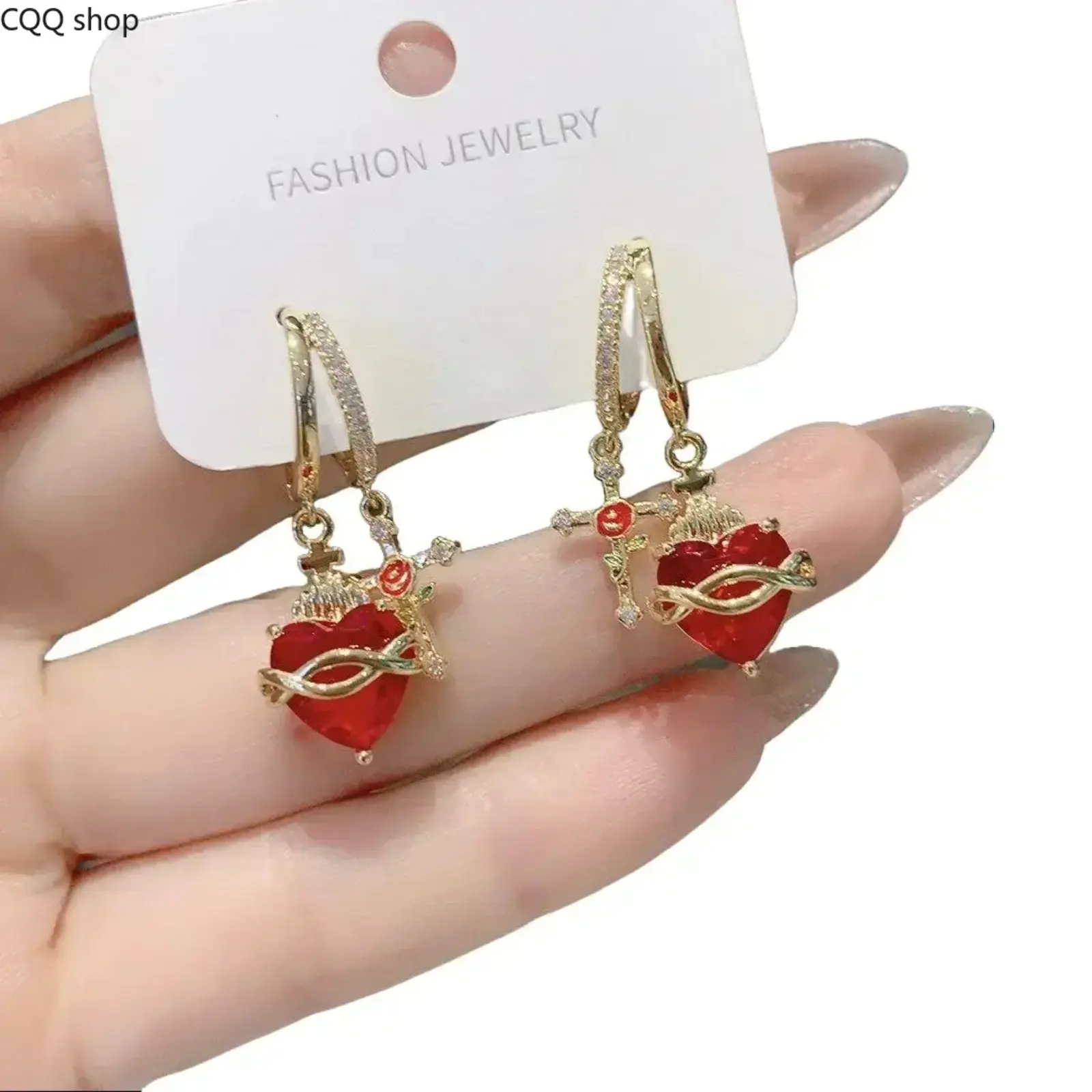 【Summervibes】Heart Rose Cross Dangle Earrings, Sparkling Zircon Sacred Heart Multi Pendant Earrings, Elegant Vintage Love Style Ear Jewelry, Delicate Statement Fashion Ear Ornaments Perfect For Daily Outfit, Party Dating And Romantic Holiday Gifts