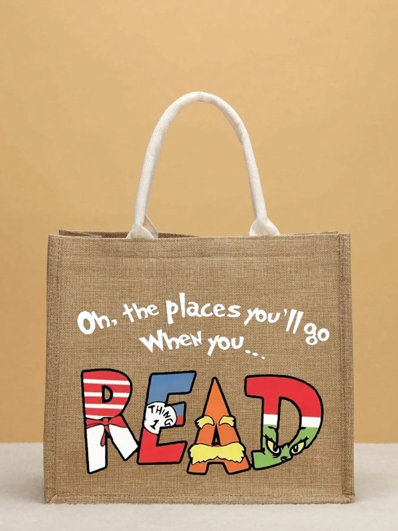 Teacher Appreciation Gift Bag, Unisex Linen Large Capacity Tote, Cartoon Letter Print, Fashion Teacher Bag, Trendy Tote Bag, School, Beach, Wedding Gifts