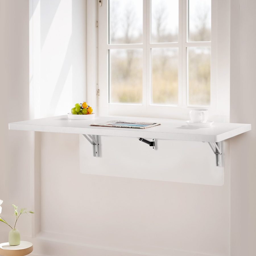 VEVOR Wall Mounted Folding Table, 39.4x 19.7 inches Wall Mount Table, Floating Desk with Iron Bracket, Fold Down Desk for Small Spaces, Home Office, Dining, Laundry Room, Kitchen, Bar, White