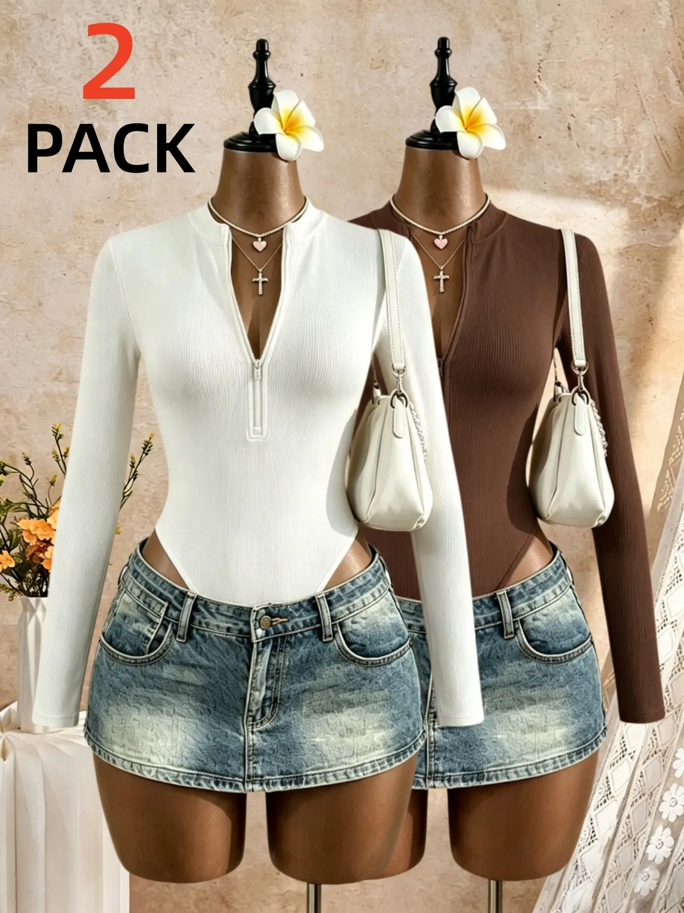 Women's Two-Piece Knit Half-Zip Bodysuit, High Neck Long Sleeve Slim Fit Stretchy Bodysuit, Casual for Daily Wear