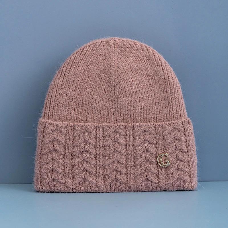 New Style Simple Chic Winter Hat G Letter Decor Rabbit Fur Beanie Elegant Winter Hats For Women Candy Colors Warm Knit Hats