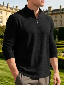 Men's Solid Color Plaid Textured Half-Zip Stand Collar Long Sleeve T-Shirt, Elastic Breathable Fabric, Spring Fall Commute Slim Fit Casual Top