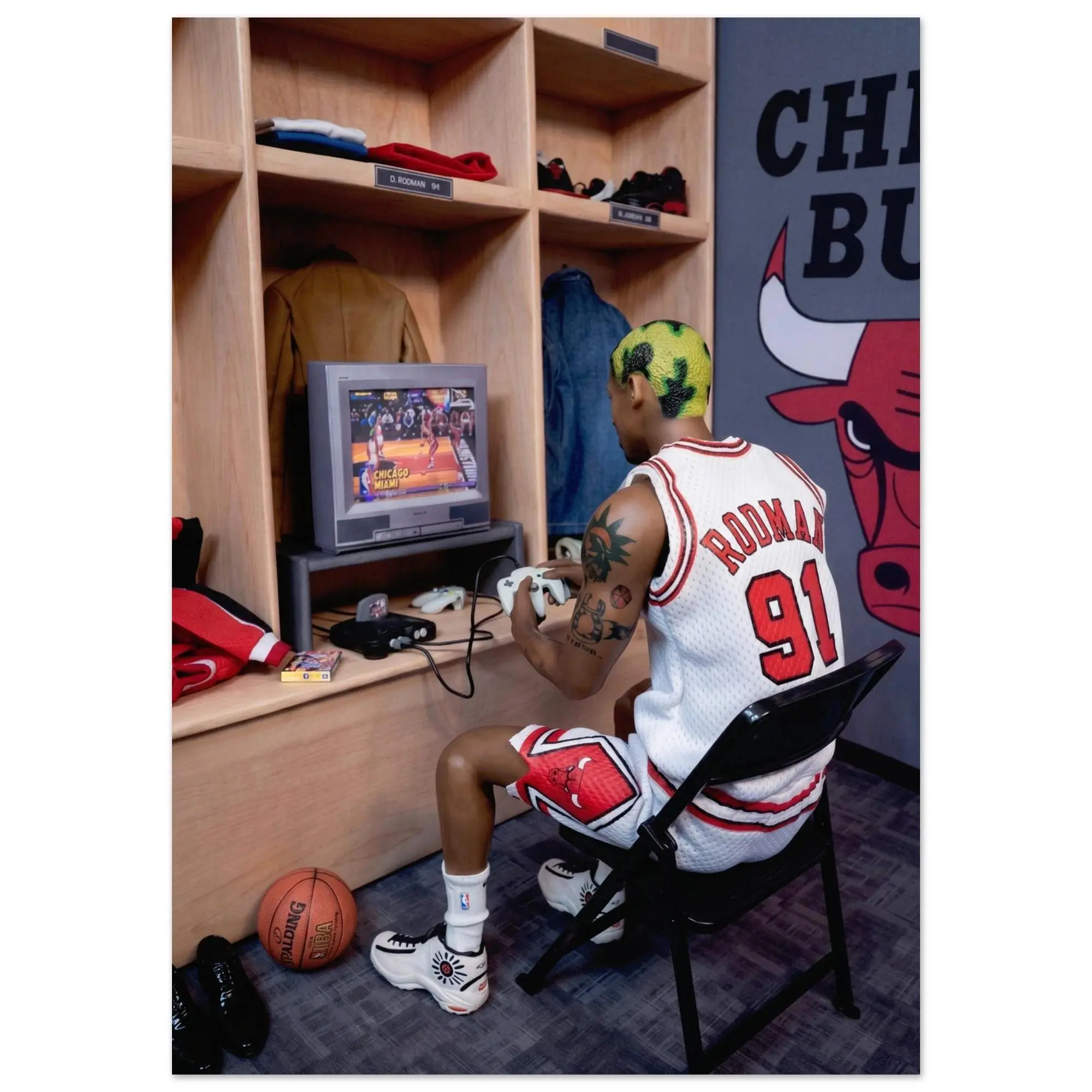 Dennis Rodman Retro Gaming Poster – 90s Chicago Bulls Locker Room Art Print